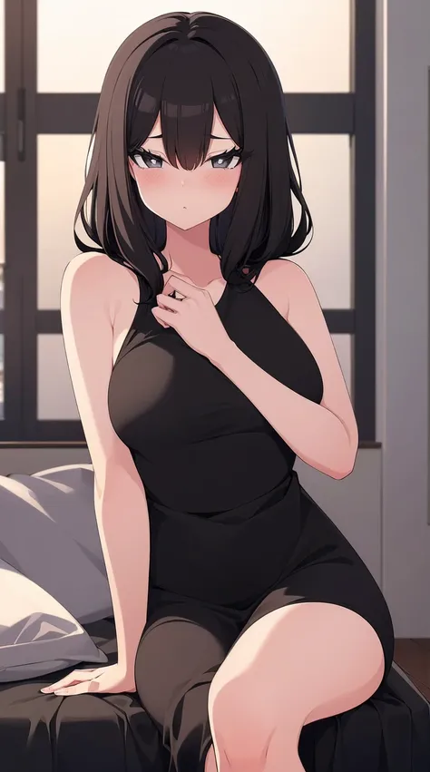 (Best Quality, 4k, High resolution, masterpiece: 1.2), Super detailed, interior scene with a girl, Long and loose hair, rubio, grey eyes, well-defined figure, medium breasts, He wears a tight black university uniform. She is sitting on a bed, looking at th...