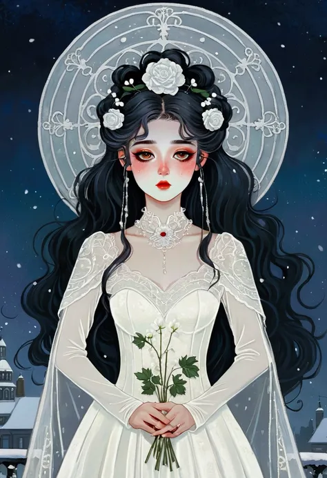 Cartoon image of a woman in a white wedding dress, A detailed painting inspired by Victor Mosquera, tumblr, Gothic art, artwork in the style of Gu Weiss, Gu Weiss, Gu Weiss masterpiece, Korean Art Nouveau Anime, Gothic girl anime girl, Beauvot Art Style, T...