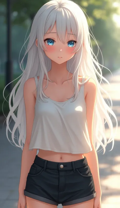 1 girl, light blue eyes, long hair, white hair, short black pants, white tank top, medium chest, embarrassed face, point of view