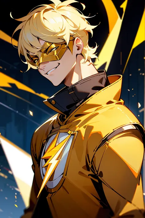 blonde hair, short hair, serious face, short hair, messy hair, street background, mature male, lean build, white and gold super hero outfit, golden mask covering eyes, flash symbol on shirt, big flash symbol, smirking, orange lighting around person