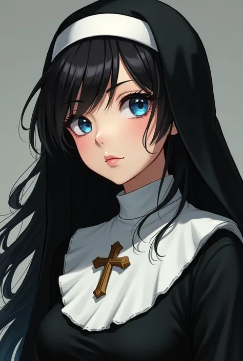 creates a nun with black hair and blue eyes, she has a mole under her lower lip, she also wears a cross necklace and her nun outfit is normal