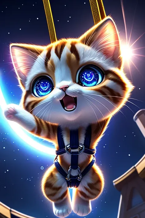 (Highest quality、masterpiece、8k))、Anatomically correct、Very detailed、High resolution、Cinematic lighting、Realistic、((Beautiful, sparkling, detailed eyes))、Intricate details、((Dynamic composition))、Cute kitten、Big head、Surprised face、Oh my God、((bungee jumpi...