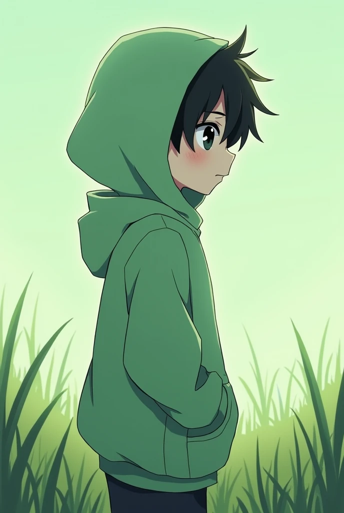 masterpiece, Alone, loli boy with a pastel green oversize hoodie anime of profile full body, dark black eyes, in a grass biome, loking for right