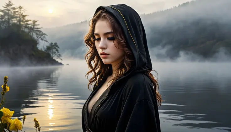 ((masterpiece, Fantasy,He has one eye closed and is painting., Girl)), Brown wavy hair,Shoulder-length hair, Black hooded robe,assassin, Yellow Eyes, Lakeside, fog