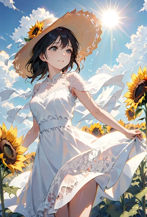 send,1 girl,solitary, (white lace dress:1.2),floating dress (sun hat:1.2), sunflower fields, under the sun, a faint smile,lookin...