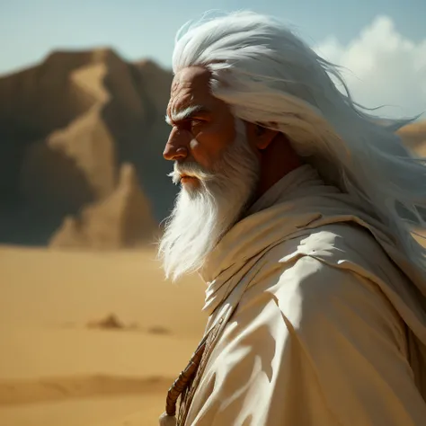 A strong man with white hair and beard, dramatic image, the man is wearing a white robe walking through the desert , a warrior wizard 