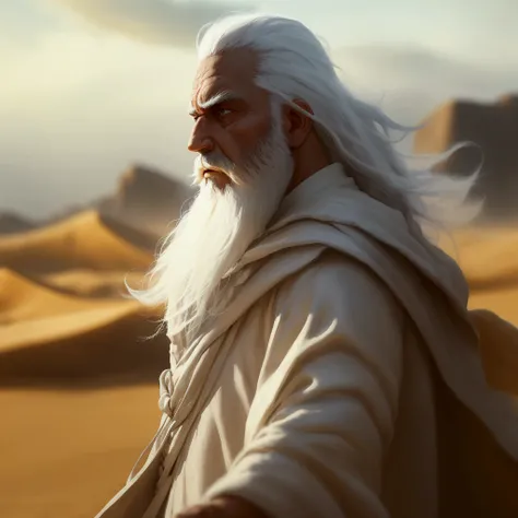 A strong man with white hair and beard, dramatic image, the man is wearing a white robe walking through the desert , a warrior wizard 