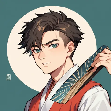 "A bust-up portrait of a young boy with a wolf-cut hairstyle, dressed in traditional Japanese clothing. He is holding an open folding fan gracefully, with a confident yet calm expression. The intricate patterns of his kimono are highlighted, creating a ser...