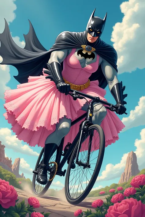 Batman with pink princess outfit, cycling, cartoon/anime style