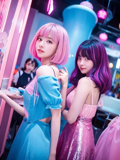 Two beautiful girls in a candy world, a girl with short shoulder length blue hair with a curve at the ends, the other with pink hair at shoulder length and a curve at the ends 