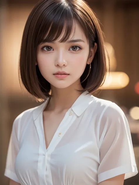 Product quality,1 girl,Cowboy Shot,Front view,Young and pretty girl in Japan,Midday,Wearing a stylish white blouse,Wearing a micro mini skirt,Super cute face,Baby Face,Glossy Lips,Big eyes,Double eyelids on both eyes,(Natural Makeup),Brown eyes,Long bob sh...