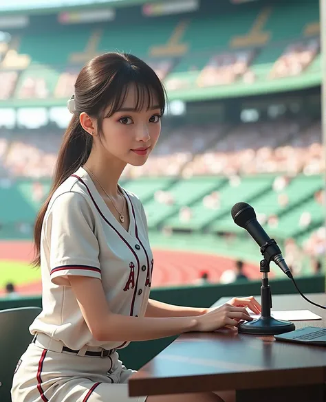 (((photograph、Realistic)))Woman sitting at a desk in front of a microphone, instagramart, Shinhanga, baseball stadium during a game, bright atmosphere, Tokyo Dome, covered!!, official media, toriyama akira, lightning!! (((photo, Photorealism))) Adult video...