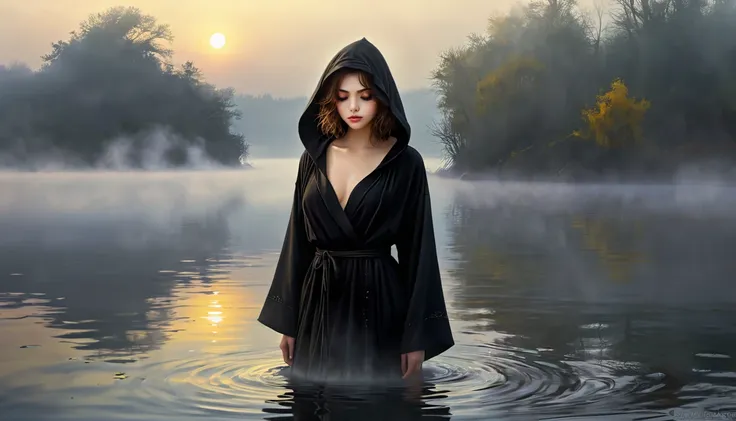 ((masterpiece, Fantasy,He has one eye closed and is painting., Girl)), Brown wavy short hair, Black hooded robe,Heavy Robe,assassin, Yellow Eyes, Lakeside, fog