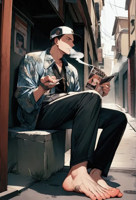 An adult man in an alley、Baseball cap、Messy short hair、smokes、Decadent、Holding a flyer、(Very detailed)、(8K)、、(Very detailedな顔)、(Detailed feet)、(Detailed hands)、