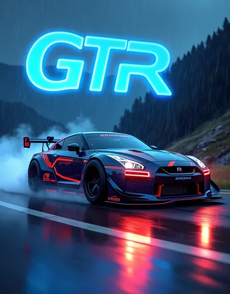 (masterpiece), best quality, ultra-detailed, 8K), a 2024 GTR Nismo with electric Blue text in a 3D font that spells out "GTR Nismo" at the top of the picture above the GTR Nismo, street racing-inspired, Drifting inspired, LED, ((Twin headlights)), (((Brigh...