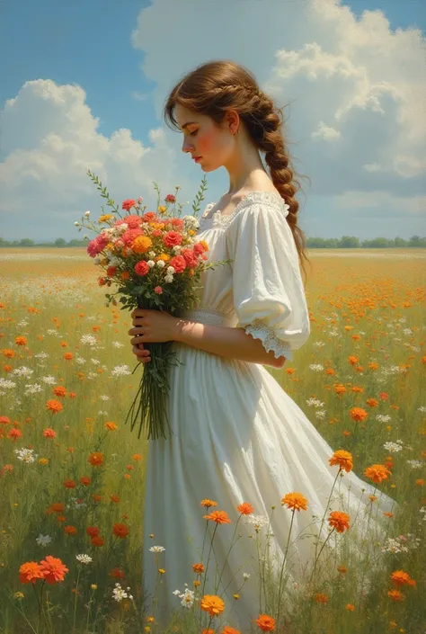 The painting shows a woman in a white dress holding a bouquet of flowers, Bring flowers, Woman in flowers, inspirado em Cynthia Sheppard (Cynthia Sheppard), picking flowers, in a field With flowers, With flowers, Girl in the flowers, Digital Mixed Media, D...