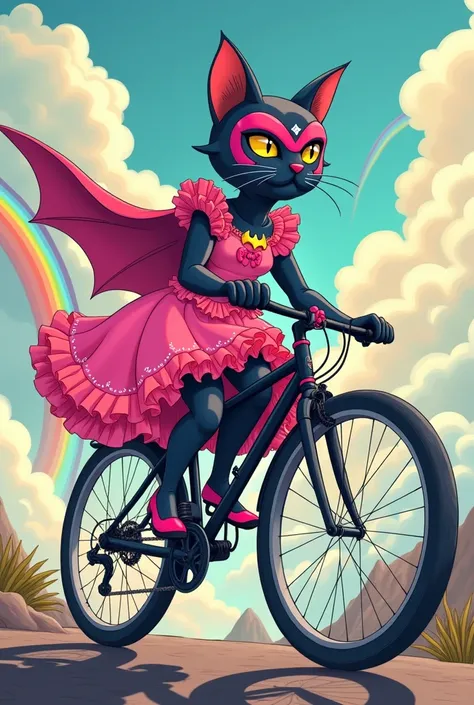 a batman cat with pink princess outfit, cycling, cartoon/anime style, reduce shading and make it more like cartoon or 2d style