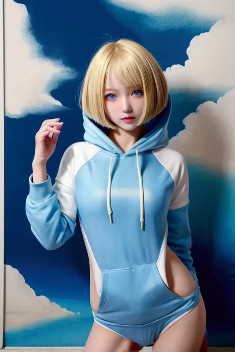 ((Highest quality)), ((masterpiece)), (detailed), Anatomically correct body shape、correct leg position、correct hand position、high school girl、Blue Eye、Blonde Bob Cut、Small breasts、Big ass、beach、Swimwear、hoodie