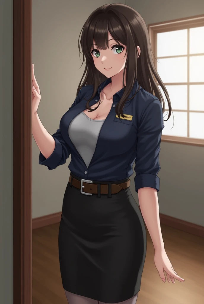 1girl, 25yo sofia takigawa_jav, breasts, eyelashes, looking at viewer, cowboy shot, standing, dynamite lighting, attractive body, wearing office attire, navy blue blouse, light gray singlet, belt, black pencil skirt, sheer gray pantyhose, brown knee heel b...