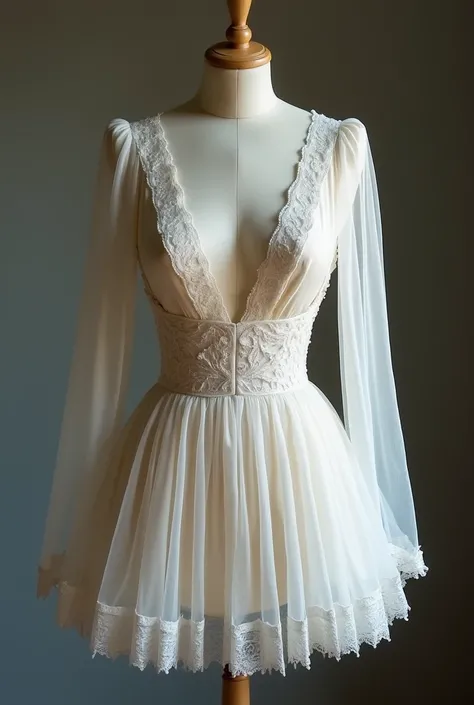 White short sheer dress, backless, with thin wavy long sleeve, deep V neck, and some sheer cloth and lace in mannequin