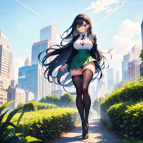 (solo), 1 skinny girl standing, short torso, skinny long legs, bursting huge breasts, inconceivably narrow waist, swaying back, arms behind back, BREAK, green blazer, green high-waist skirt, thigh gap, black thighhighs, stiletto heels