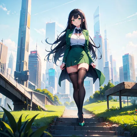 (solo), 1 skinny girl standing, short torso, skinny long legs, bursting huge breasts, inconceivably narrow waist, swaying back, arms behind back, BREAK, green blazer, green high-waist skirt, thigh gap, black thighhighs, stiletto heels