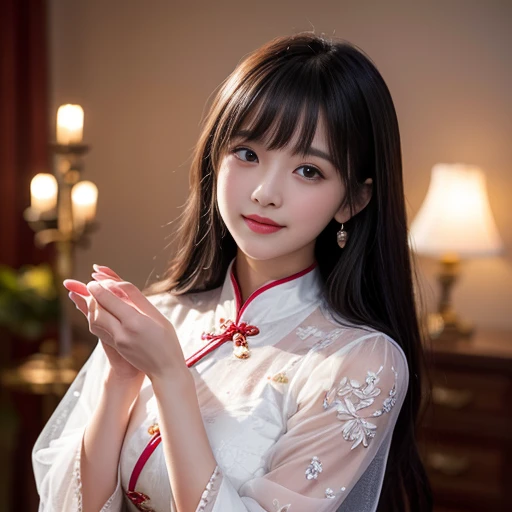 best quality, Delicate face，beautiful visual work, lifelike,  eternity, black hair, Long curly hair, blunt bangs, Smile, Detailed Background,  Delicate face，pink blush，cold，((masterpiece))、(top quality)、8k、high detail、Super detailed，21 years old female，Wea...