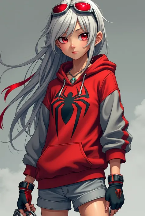 It creates a beautiful tanned girl with long thin hair in a tousled style of silver color with red at the tips, she also has bright red eyes, she also wears a long red and gray hoodie with a long red and gray hoodie with a spider web, too. He wears loose g...