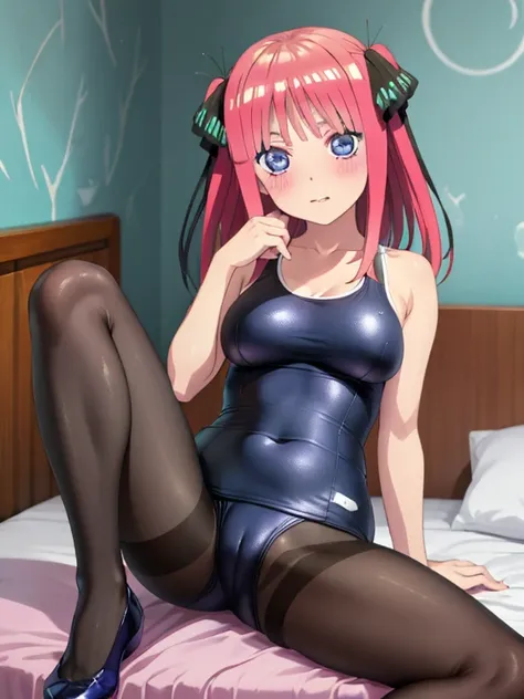 best quality, insanely detailed, nino nakano, breasts, blush, bedroom background, looking at viewer, pussy, one-piece swimsuit, cheerful eye, Gymnastics leg spread, pantyhose