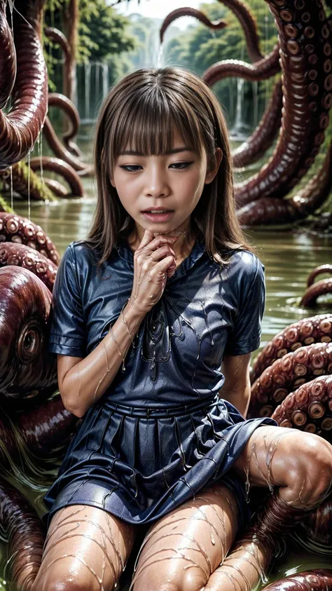 creepy tentacles are (((licking))) Asian school girl (inside creature:1.4) of stinky saliva fluids in fantasy, (stinky dress), wet girl, sitting, ((looking at the viewer)), wet skin, bukkake, anguished, bound by slimy tentacles, bdsm, vine, sitting in a mi...