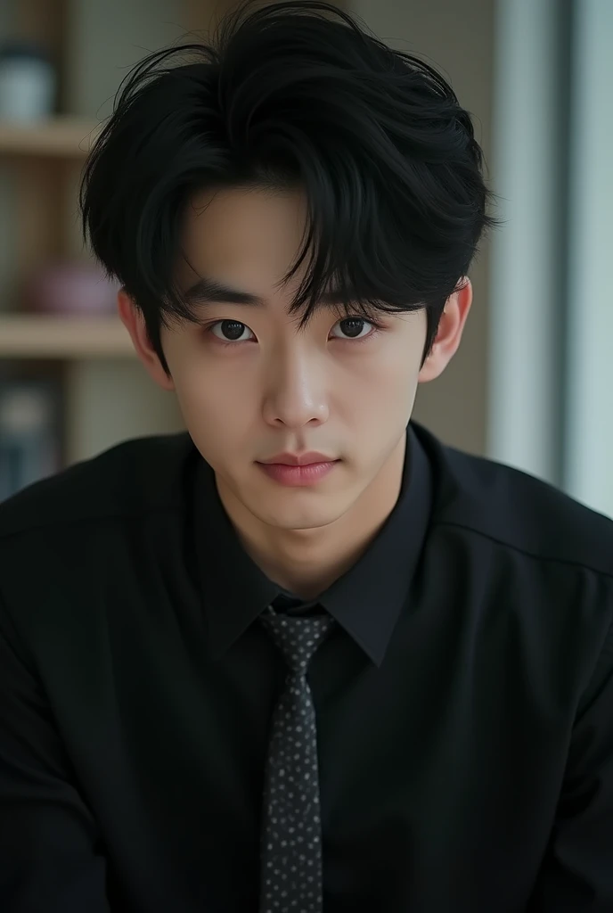 arafed asian man with tie and black shirt, heeseung, Jinyoung Shin, Hyung Tae, black haired jake, Hyunjin, taken in the early 2020s, official photos, innocent look, Kim Sunoo, ironic smile, threatening look, kim taejin, mischievous look, young pale angel