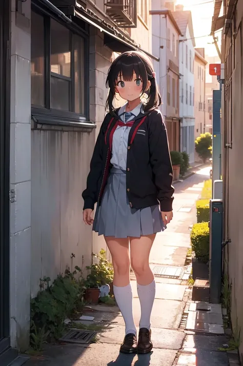 girl in school uniform with a grey kitten, alleyway, sunset, 50mm lens