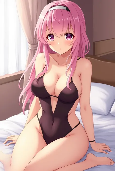 Yae_miko, sitting in a bed, pink hair, looking at viewer, with a sexy swimsuit, anime style, porn