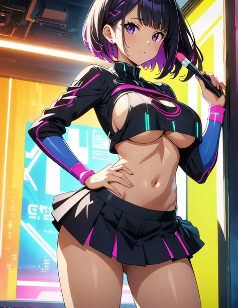 (anime artwork, anime style, studio anime, very detailed, up to date, vibrant, Anime Coloring, high contrast, masterpiece:1.2, best quality, best aesthetics),1 girl,cyber punk clothes, Medium chest, A glimpse of thighs,cyber punk hair, One eye is hidden by...