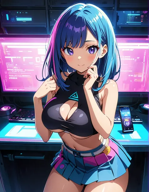 (anime artwork, anime style, studio anime, very detailed, up to date, vibrant, Anime Coloring, high contrast, masterpiece:1.2, best quality, best aesthetics),1 girl,cyber punk clothes, Medium chest, A glimpse of thighs,cyber punk hair, One eye is hidden by...