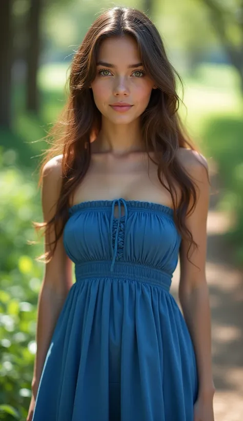 1 girl, standing front to camera , beautiful girl, blue dress, outdoor, perfect light, masterpiece, best quality, ultra detailed, cinematic feels, looking at the viewer, 8k, RAW photo, realistic, photo realistic, intricately detailed, UHD, full HD, ultra r...