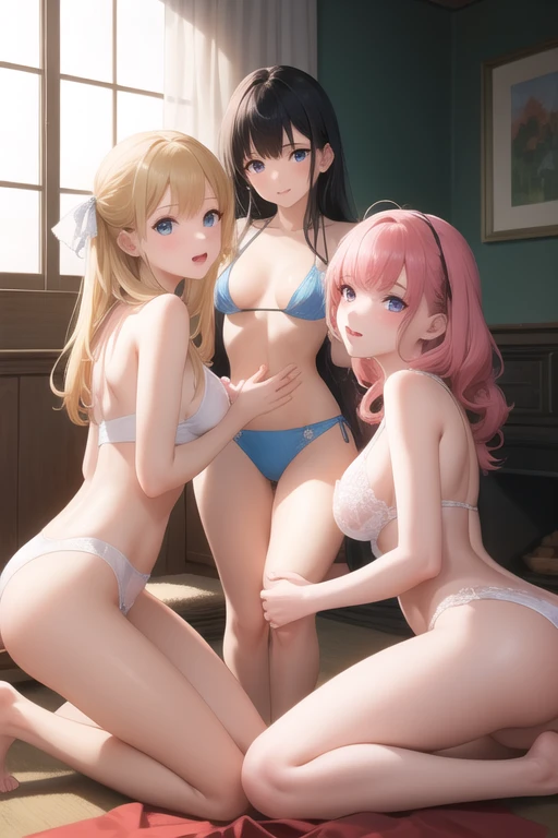 ((Whole body)),(masterpiece, Best Quality), Three girls holding each other&#39;s waists in yellow swimsuits, big breasts, blonde, redhead and albino, Whole body, ((views))