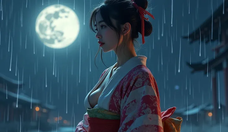 beautiful japanese woman with big breasts in revealing short kimono, night, big moon, moonlight, strong wind, raindrops, kimono of different colors