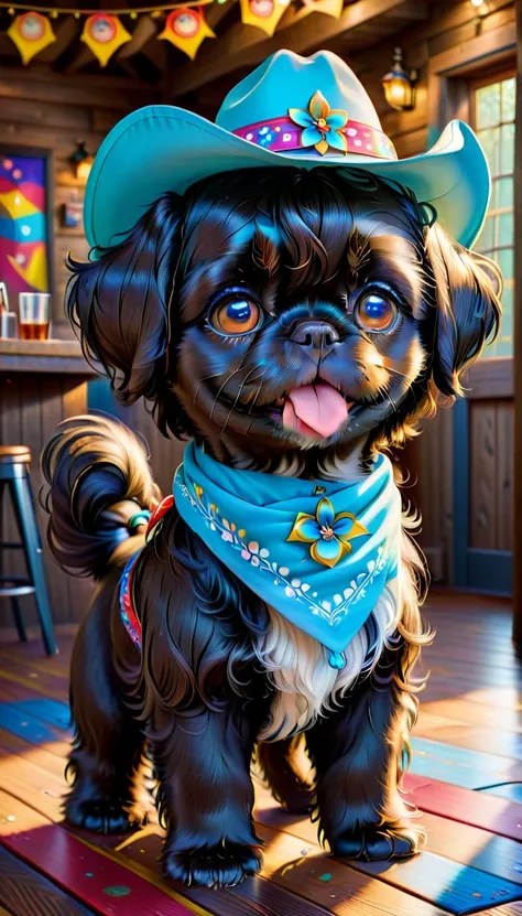 2 adorable black Shih tzu puppies with big blue eyes wearing colorful bandanas and cowboy hats dancing on Disney dance floor at a Disney country bar, 3D Pixar style