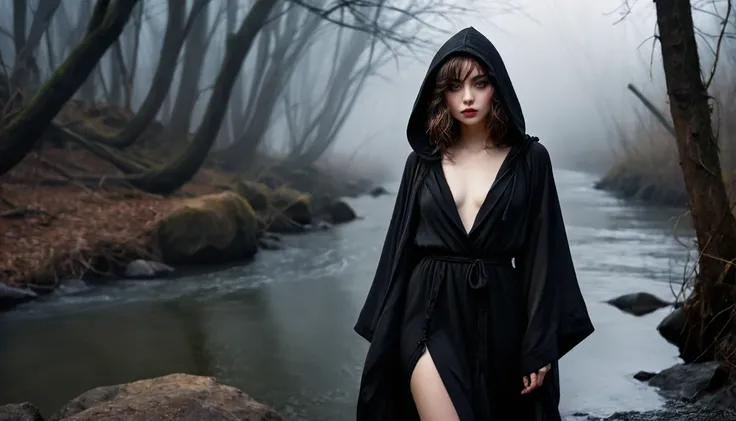 ((masterpiece, Fantasy,Only the left eye is closed,Black paint on eyelids and cheeks, Beautiful girl, Black hooded heavy robe, Wizard)), Brown hair with wavy ends,short hair,Pale skin,Heavy Robe,assassin, Robe over grey clothes, forest, Small River, fog,Th...