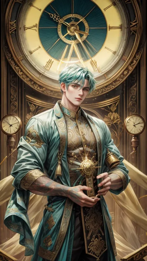 A man with cyan wavy hari and yellow pupils, wear an ancient clothes and have a clock tatoo, wear a halo, holding a sand clock