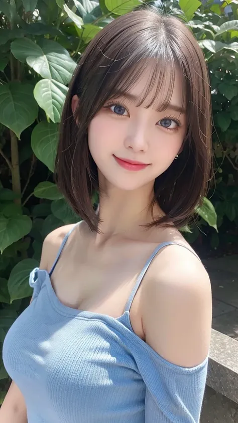 One girl, , blue eyes, Exposing shoulders, chest, huge chest, short hair, Gray Hair, Hair on one eye, bangs,whole body , No sleeve, alone, Tank top, , white Tank top, No sleeve , 手をchestに当てて揉んでいる, Off the shoulder, , smile, (masterpiece), (Highest quality)...