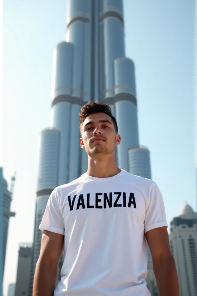 A boy age 24 wearing a white tshirt and on the tshirt written VALENZIA with black colour on the chest and the boy is standing in front of Burj khalifa 