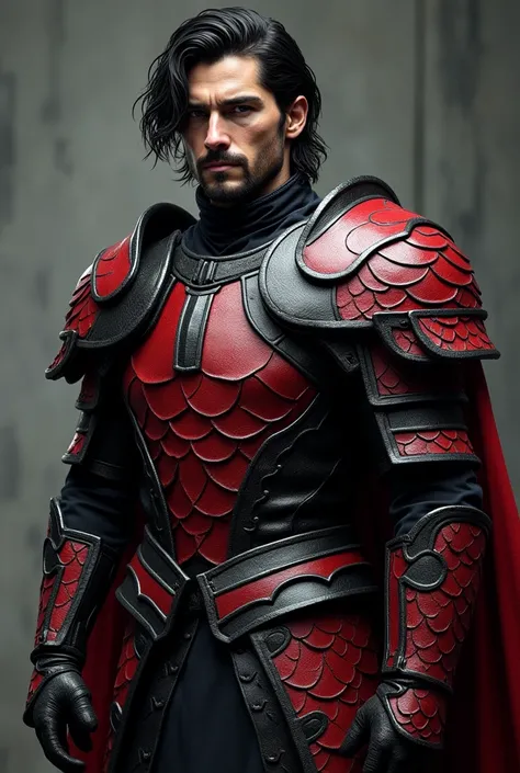 handsome man with messy neck length black hair and dark eyes, clad in black and red targaryen armor with dragon scale pattern. Full-body image.