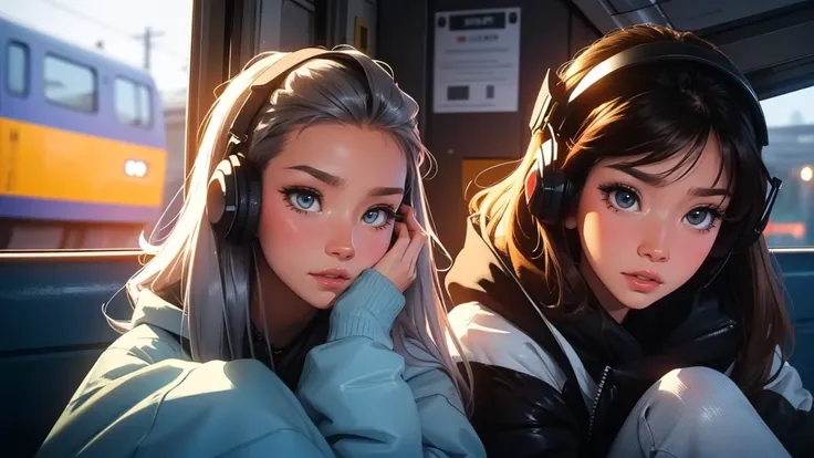 A girl wearing headphones and lost in thought, sitting by the train window at night, observing the passing scenery and shooting stars in the beautiful starry sky, wearing a stylish street fashion outfit, with long silver hair and colorful details, (best qu...