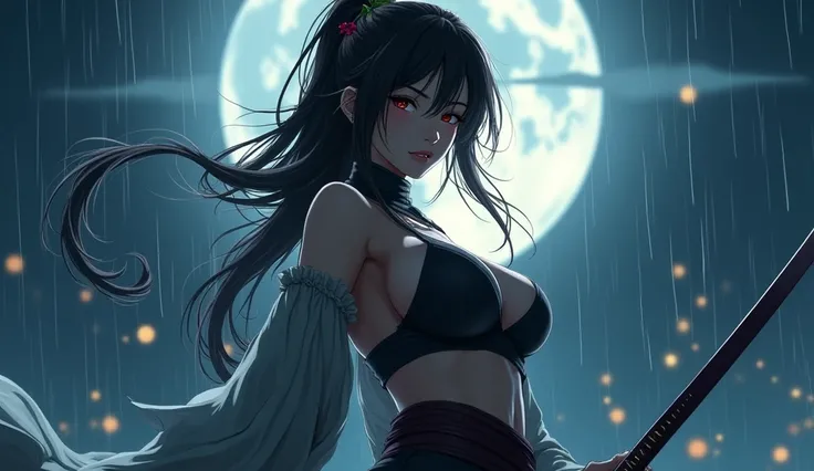 beautiful japanese woman with big breasts in a revealing short ninja costume, night, big moon, moonlight, strong wind, raindrops, katana in hands, preparing to strike, fighting pose, confident look