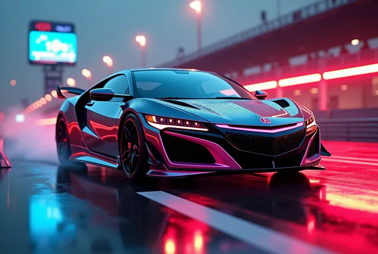 ((A photo realistic image of a Acura NSX))), ((Wide View)), (setting race track), ((wide shot)) , sharp, detailed car body , detailed tires, (masterpiece, best quality, ultra-detailed, 8K), race car, street racing-inspired, Drifting inspired, LED, ((Twin h...