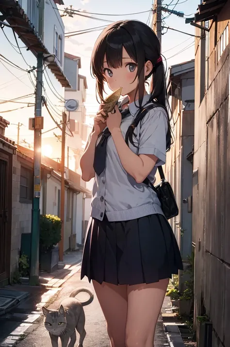 girl in school uniform feeding a grey cat, alleyway, sunset, 50mm lens