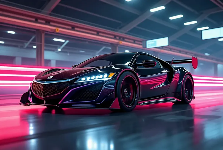 ((A photo realistic image of a Acura NSX))), ((Wide View)), (setting race track), ((wide shot)) , sharp, detailed car body , detailed tires, (masterpiece, best quality, ultra-detailed, 8K), race car, street racing-inspired, Drifting inspired, LED, ((Twin h...