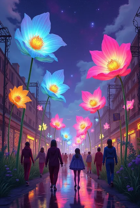 "A fantasy garden filled with oversized, vividly colored flowers in shades of electric blue, neon pink, and radiant yellow. The sky above is a deep purple with glowing stars, and the plants seem to shimmer with an otherworldly light. A vibrant urban street...